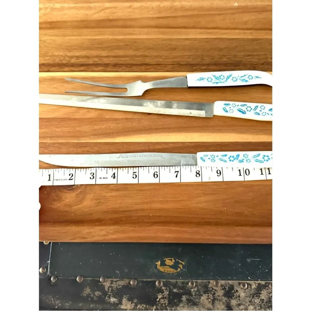 Vintage Household Surgical Stainless Knife Fork Set White Handle Blue Cornflower